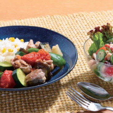 夏野菜の重ね煮 とうもろこしごはん添え＆ツナと豆の簡単サラダ